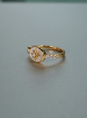 繁星点点。S925纯银镀金多芒星闪亮锆石天然母贝开口戒指环高级感