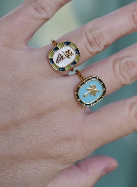 【清仓特价】彩色珐琅滴釉葡萄椰子树图案椭圆牌金色戒指时髦清新