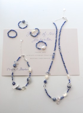 蓝色蒲公英蓝纹石巴洛克珍珠项链