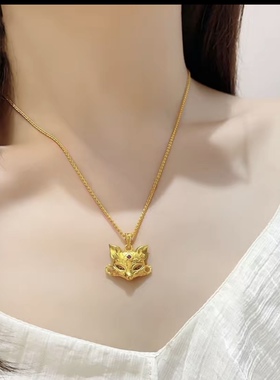 玫红钻金色九尾狐幻面吊坠项链女