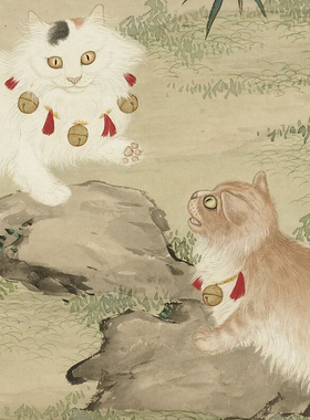 清 沈振麟 猫竹图字画新中式客厅书房装饰画卷轴装裱玄关画芯字画