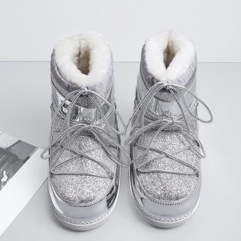 Winter thickened pure wool flat short boots anti-ski boots plus velvet cotton shoes sequined eyes silver bun shoes for women