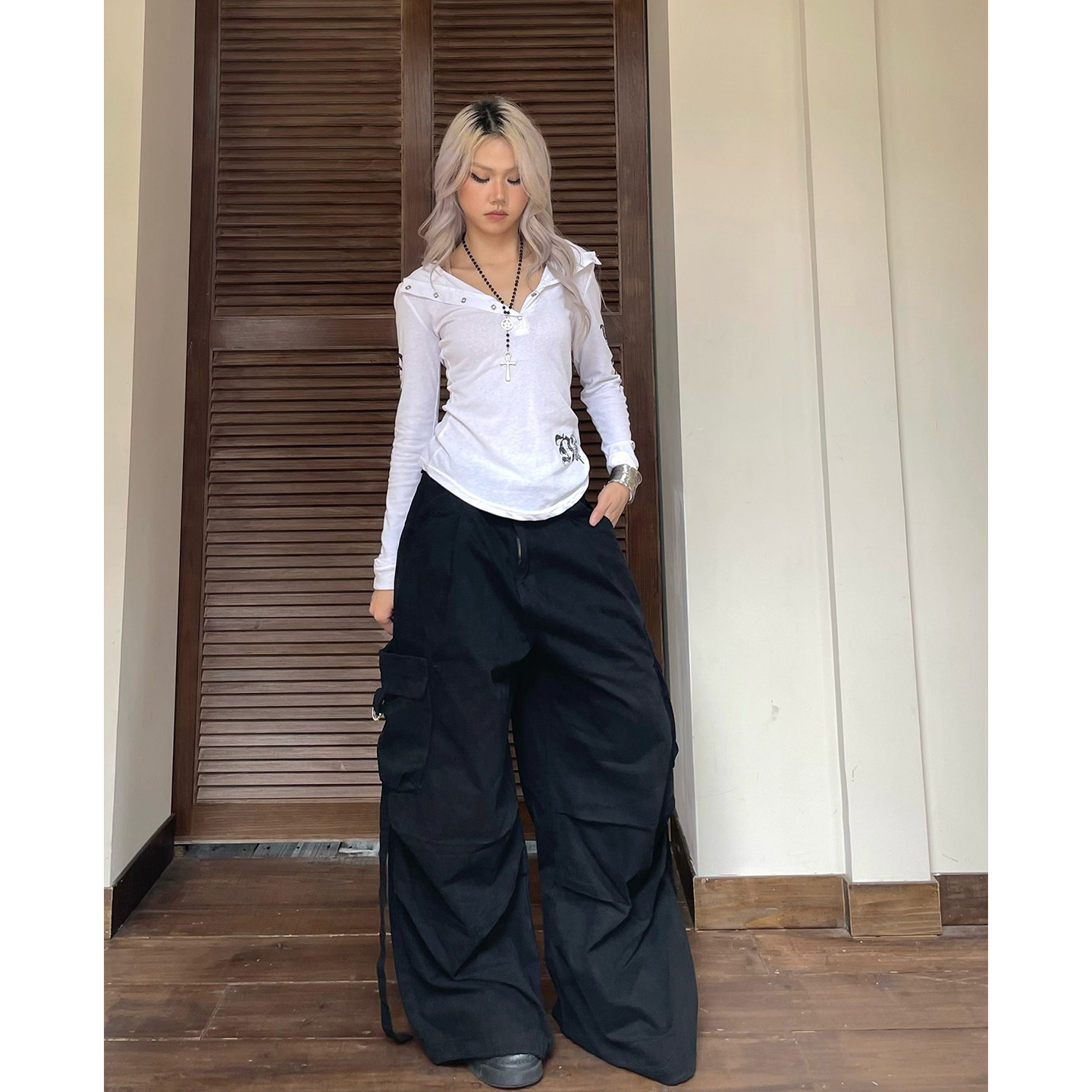 YAMMYUKI黑色字母印花重工多口袋工装裤高级感慵懒宽松拖地长裤,淘宝优惠券,粉丝福利购,淘宝优惠卷