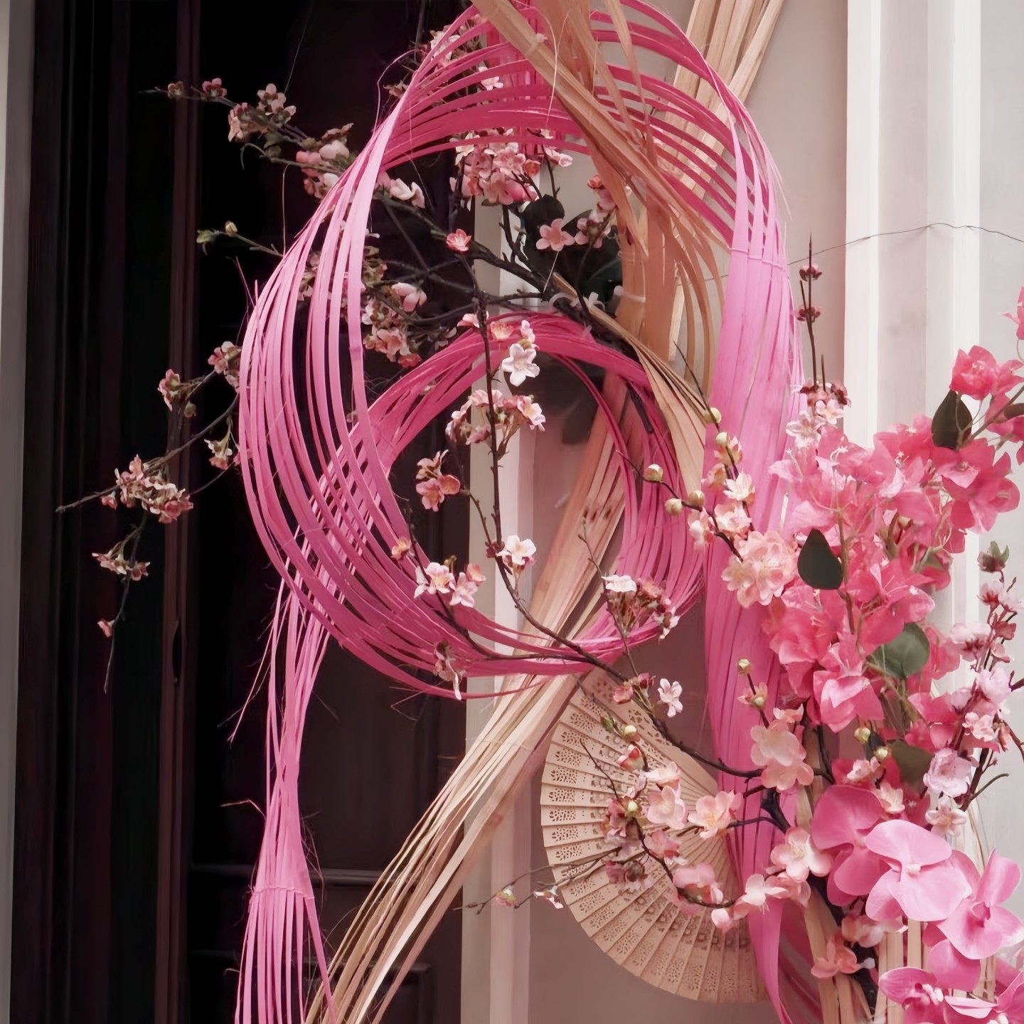 春节粉色竹片仿真花艺氛围装置竹排店铺走廊造景美陈打卡摆件布置,淘宝优惠券,粉丝福利购,淘宝优惠卷