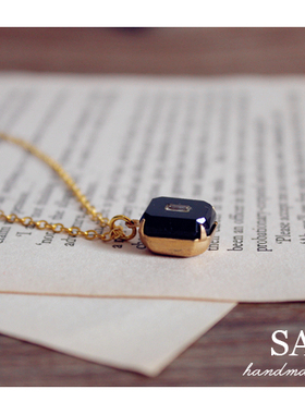 黑方糖｜西德vintage古董闪钻方形爪镶莱茵石手工项链