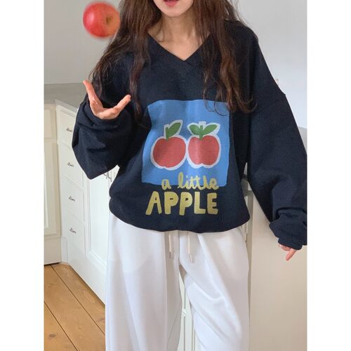 直邮 首尔印象韩代 26ss TOLL苹果图案宽松落肩V领休闲T恤卫衣女 - 图0