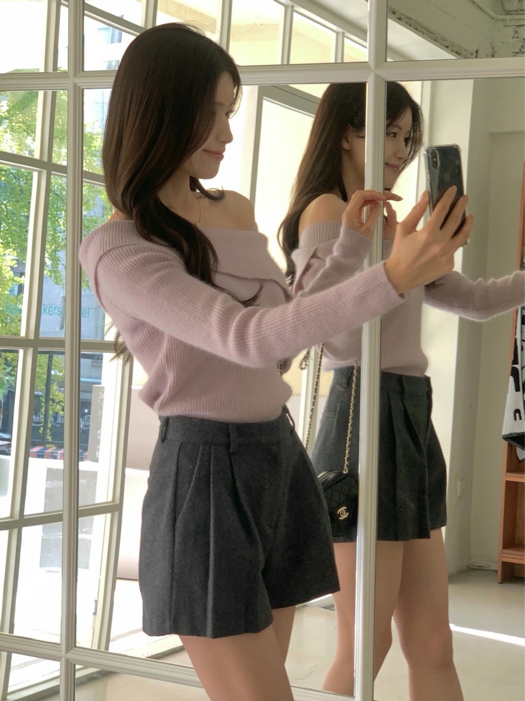 直邮 if you 25fw 氛围感温柔粉色斜露肩翻领螺纹修身针织衫女 - 图2