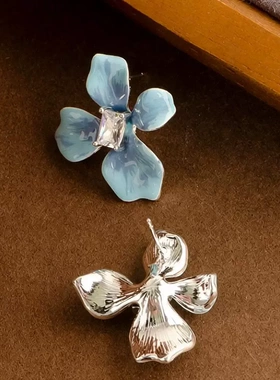 法式时尚镶锆石珐琅滴油花朵花卉耳钉耳环轻奢气质高级感通勤耳饰