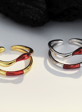 PREDAMS 创意小众设计S925纯银潮流时尚百搭ins红色滴胶线条戒指