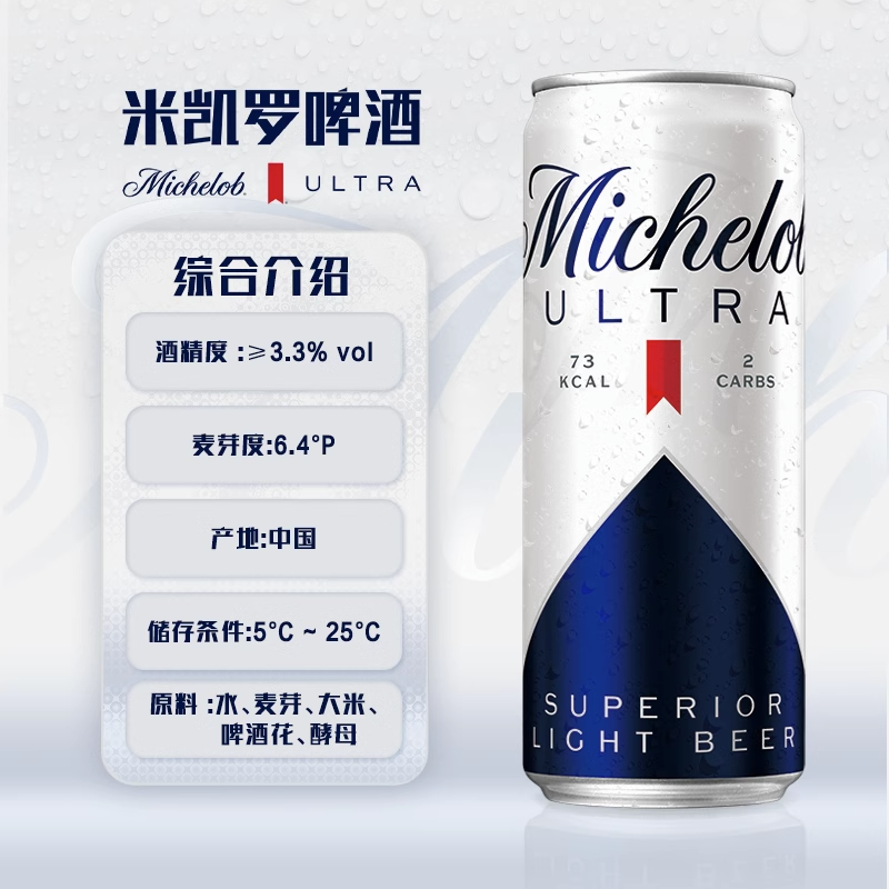 Budweiser/百威米凯罗啤酒0糖啤酒330ml*6听口感清爽 - 图1