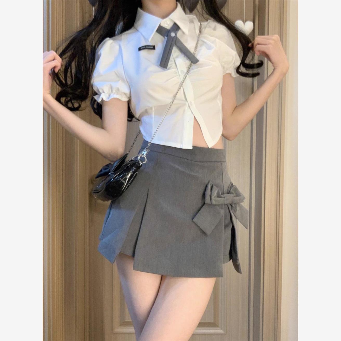 辣妹短款上衣纯欲风白色衬衫jk制服套装A字短裙夏季半身裙两件套