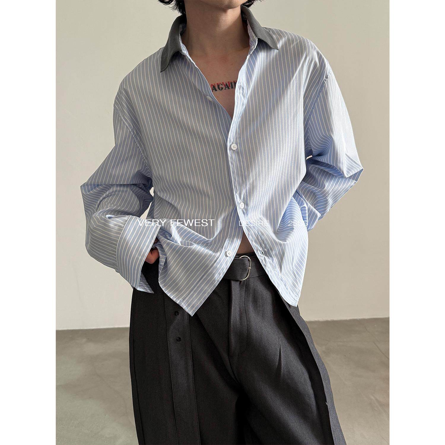 VERY FEWEST 时髦设计感螺纹领拼接条纹短款长袖衬衫松弛感衬衣