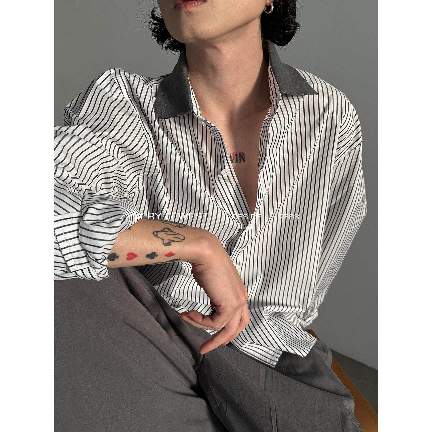 VERY FEWEST 时髦设计感螺纹领拼接条纹短款长袖衬衫松弛感衬衣