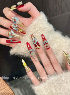 【凤冠婚甲】重工奢华满钻红色美甲长款高级感显白纯手工穿戴甲片
