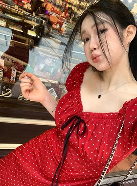 王少女的店「罗曼妮庄园」红色连衣裙新款波点蝴蝶结系带显白裙子