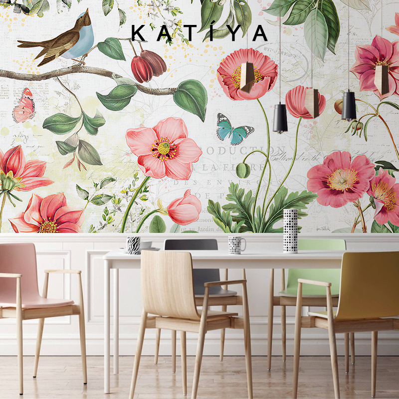 美式田園復古壁紙花卉墻布手繪藝術客廳電視背景墻無縫壁畫 Katiya