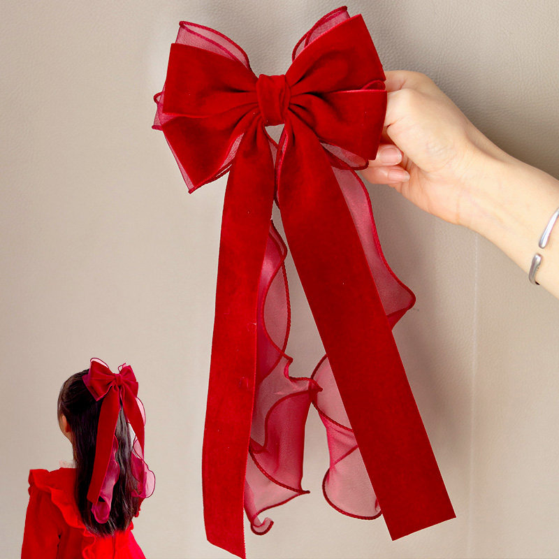 儿童发饰新年红色大蝴蝶结飘带发夹女童表演出头饰小女孩过年发卡,淘宝优惠券,粉丝福利购,淘宝优惠卷