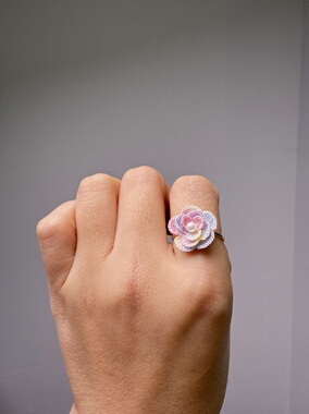 微钩山茶花戒指女新款甜美爱心戒指成品纯手工钩织80号蕾丝线钩织