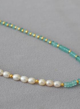 欧美复古森系清透湖蓝色真石淡水珍珠拼接混搭项链温婉气质手链