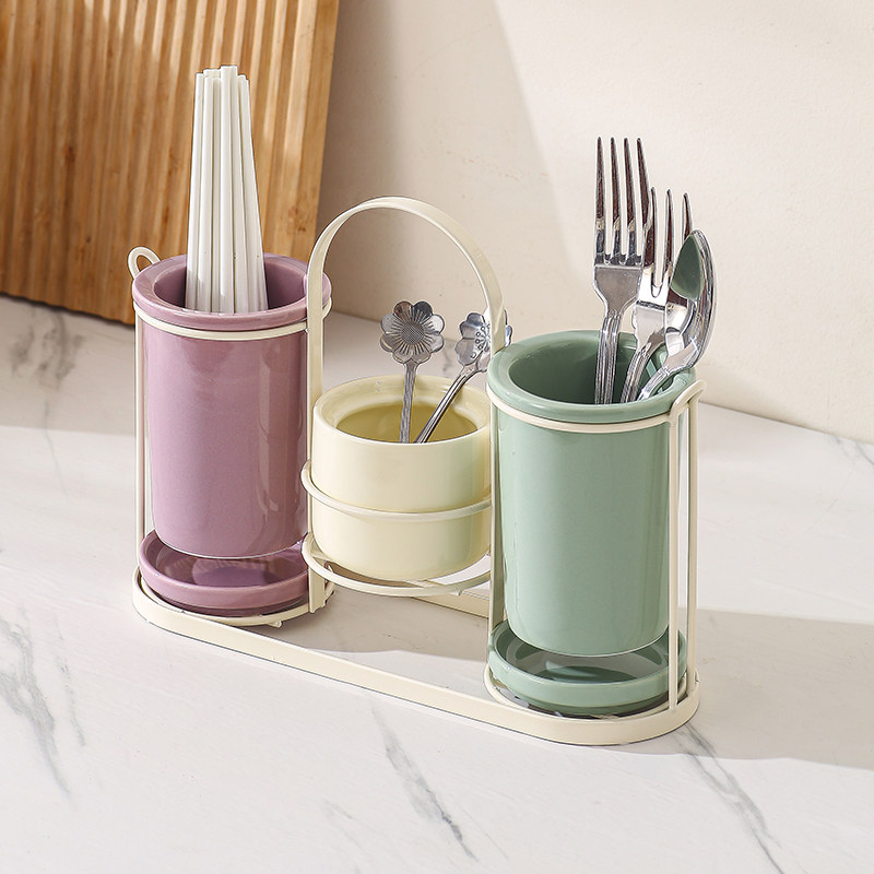 Nordic ceramic chopstick tube chopstick basket household kitchen tableware knife fork spoon chopstick storage jar chopstick cage rack porous drain