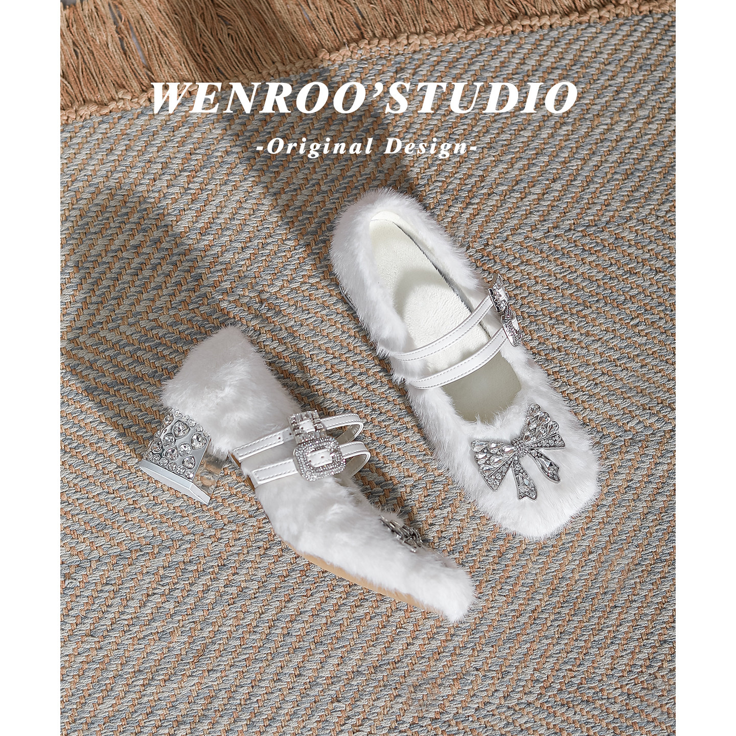 棕色气质方头水钻蝴蝶结加绒高跟鞋女2025新款毛毛浅口粗跟玛丽珍,淘宝优惠券,粉丝福利购,淘宝优惠卷