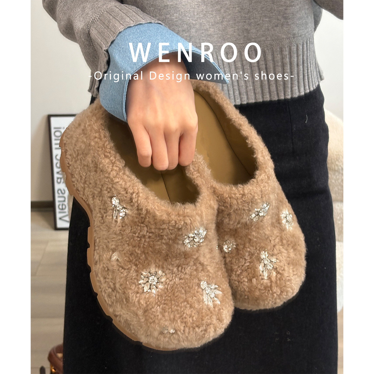 棕色水钻松糕厚底羊羔毛毛包头半拖棉鞋女冬季外穿加绒保暖勃肯鞋,淘宝优惠券,粉丝福利购,淘宝优惠卷