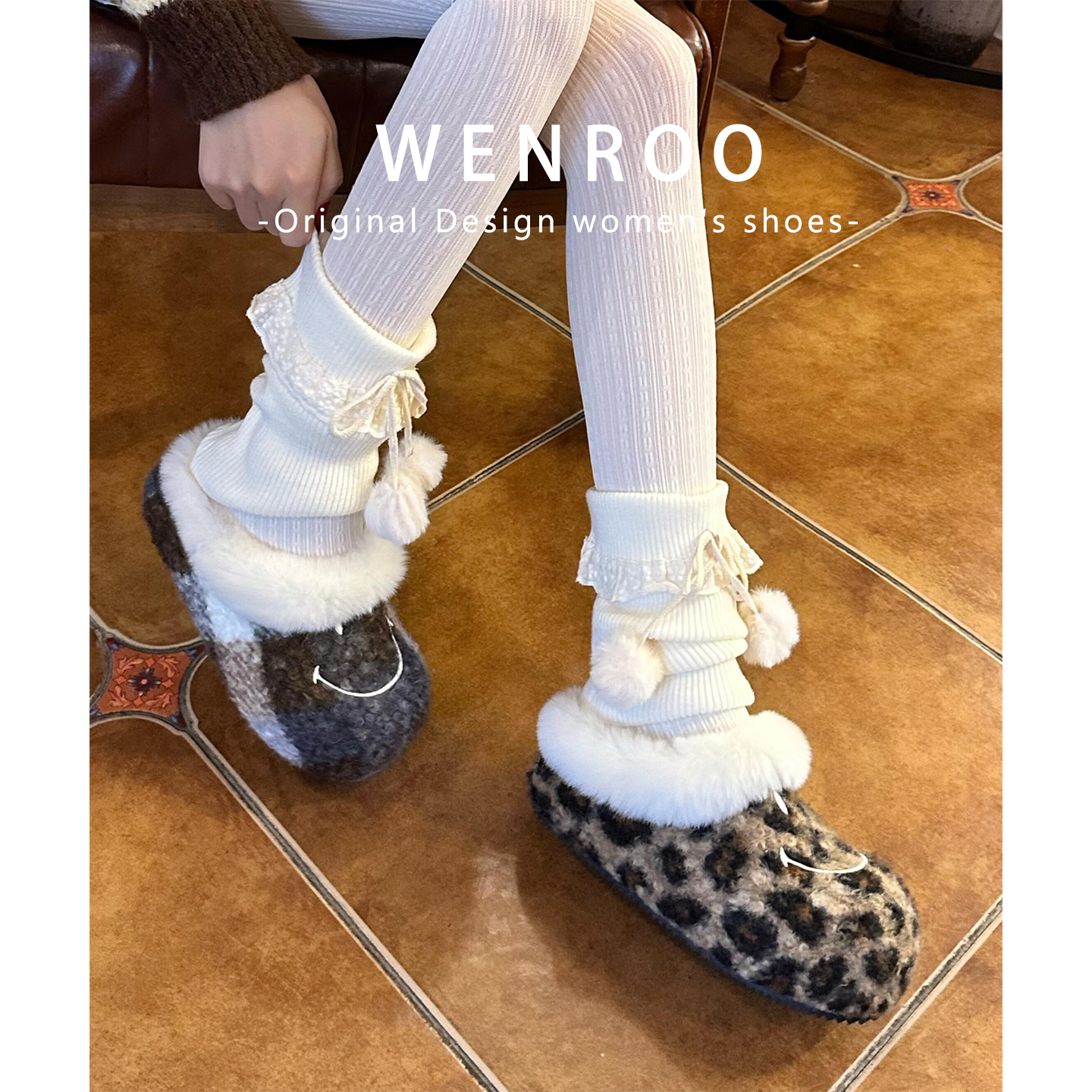 复古大头笑脸厚底包头毛毛半拖女外穿2025冬季新款豹纹加绒勃肯鞋 - 图2