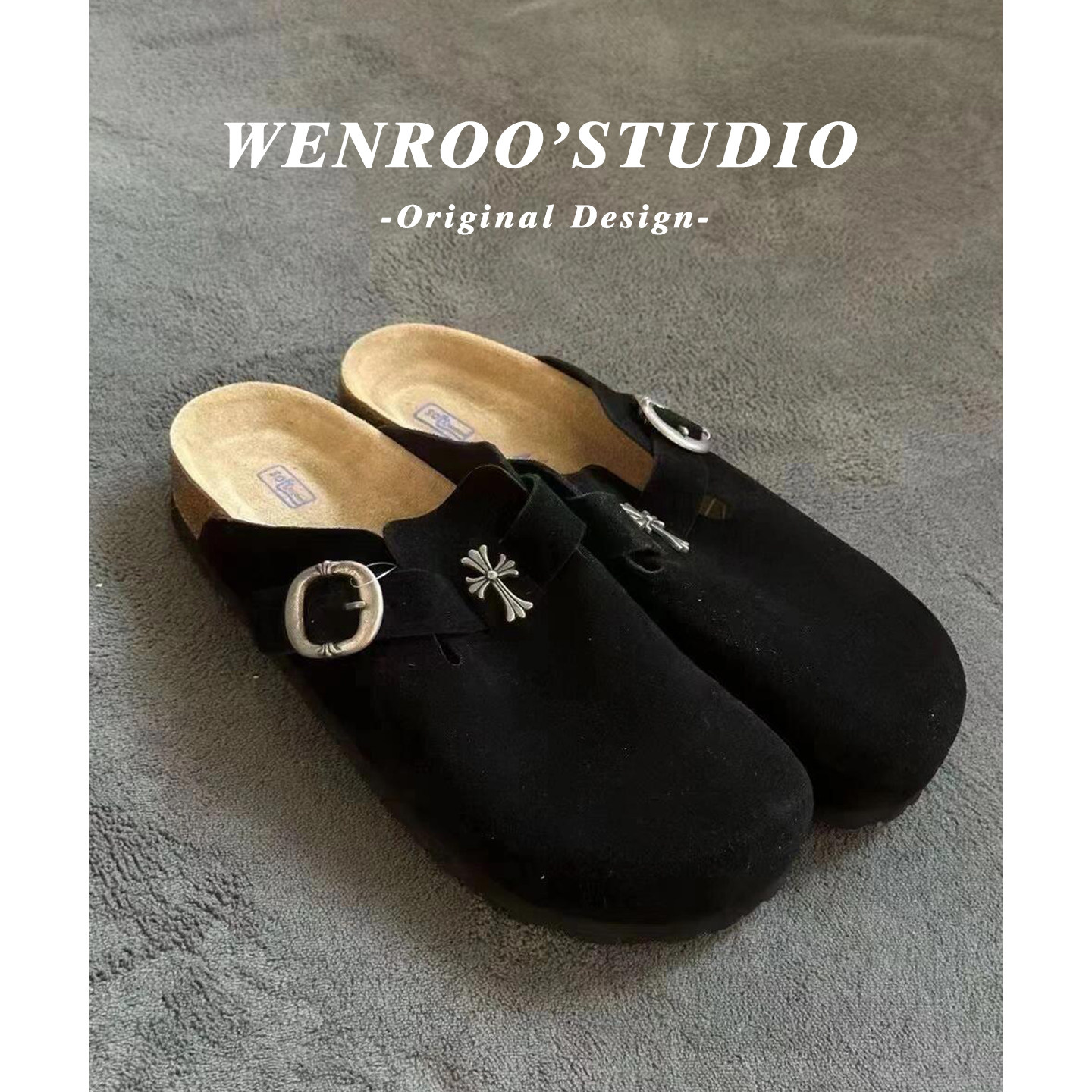 2026春季新款复古十字架厚底黑色勃肯鞋女外穿真皮懒人包头半拖鞋,淘宝优惠券,粉丝福利购,淘宝优惠卷