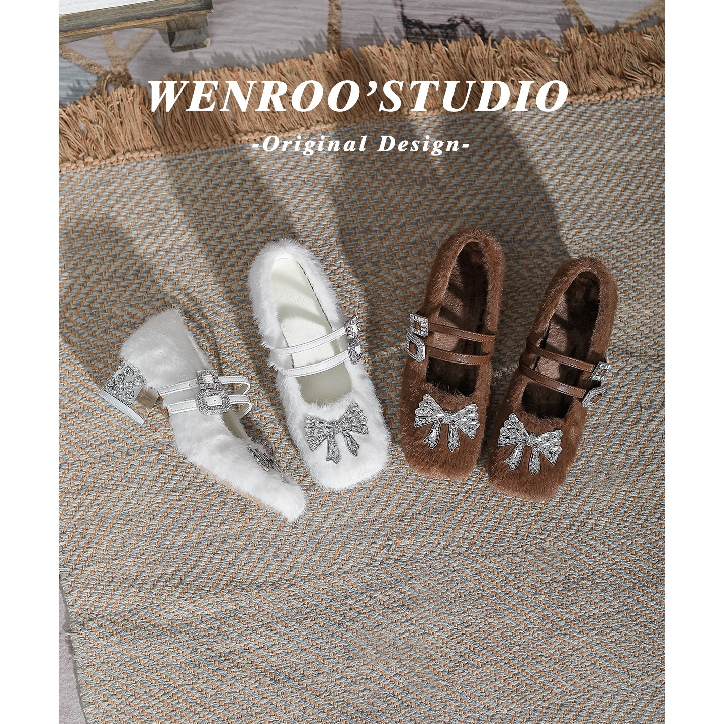 棕色气质方头水钻蝴蝶结加绒高跟鞋女2025新款毛毛浅口粗跟玛丽珍,淘宝优惠券,粉丝福利购,淘宝优惠卷