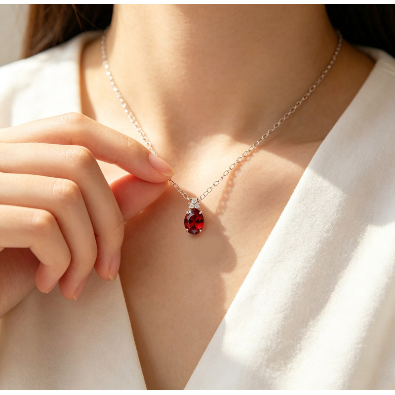 Natural garnet necklace pigeon blood red pendant with O-shaped chain sterling silver gold-plated ring set simple ring for women