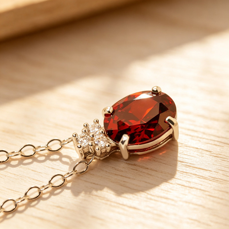 Natural garnet necklace pigeon blood red pendant with O-shaped chain sterling silver gold-plated ring set simple ring for women