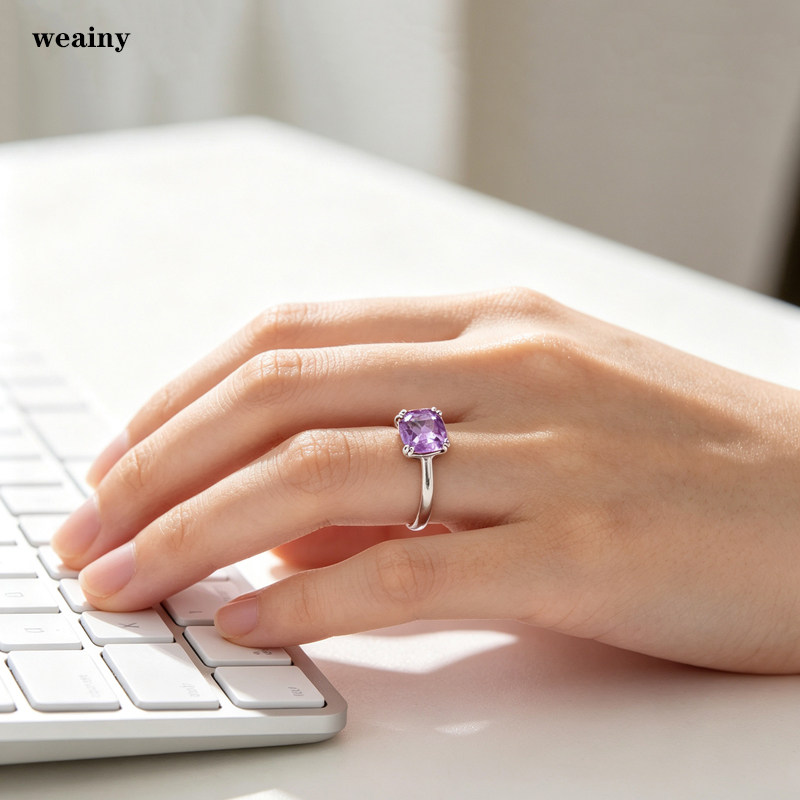 Natural amethyst ring sterling silver gold-plated light purple pillow square ring simple high-end daily working cow horse girl