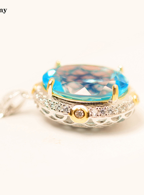 豪华套装16克拉吊坠天然瑞士蓝托帕石戒指纯银镀金项链指环活口女