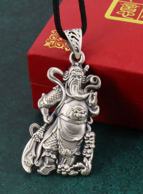 纯银999大刀关公吊坠实心复古男士挂件个性招财银饰义字银牌