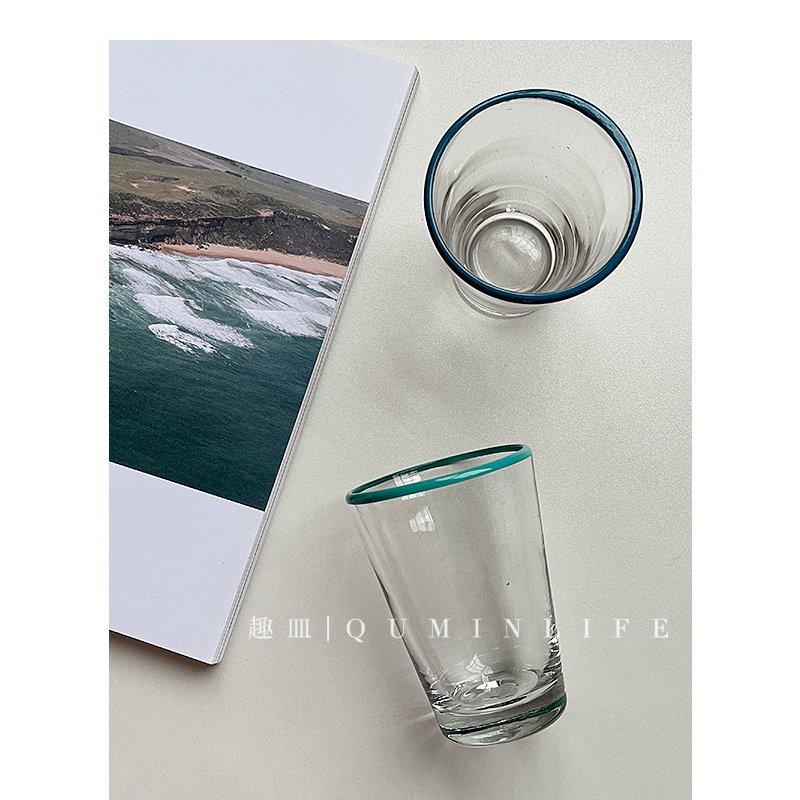 趣皿寻觅鲸屿中古蓝线玻璃杯子线条围绕玻璃杯气泡水杯咖啡杯-图2