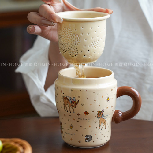 趣皿创意陶瓷泡茶杯茶水分离杯办公带盖过滤水杯可爱高颜值马克杯 - 图2