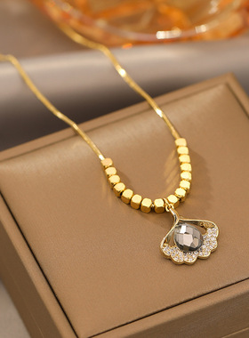 简约银杏叶水晶锁骨链钛钢轻奢方块项链女不掉色网红爆款百搭颈链