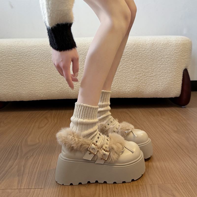 真皮厚底小皮鞋女冬季加绒玛丽珍高跟棉鞋增高乐福鞋子保暖毛毛鞋,淘宝优惠券,粉丝福利购,淘宝优惠卷