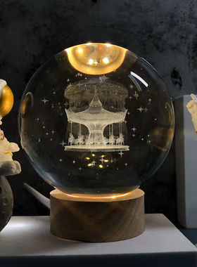 创意发光月亮水晶球小夜灯桌面摆件玻璃球饰品生日礼物送女生闺蜜