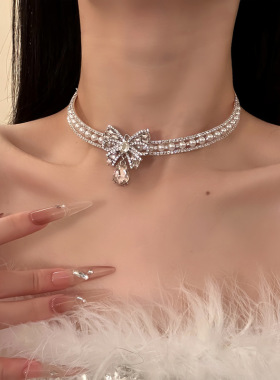 轻奢小众镶钻蝴蝶结珍珠锁骨链