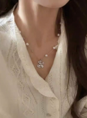 18K真金电镀锆石蝴蝶结珍珠项链