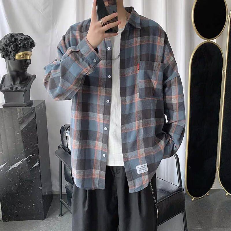 春夏季潮流格子衬衫男痞帅网格休闲上衣宽松长袖百搭外套男士衬衣,淘宝优惠券,粉丝福利购,淘宝优惠卷