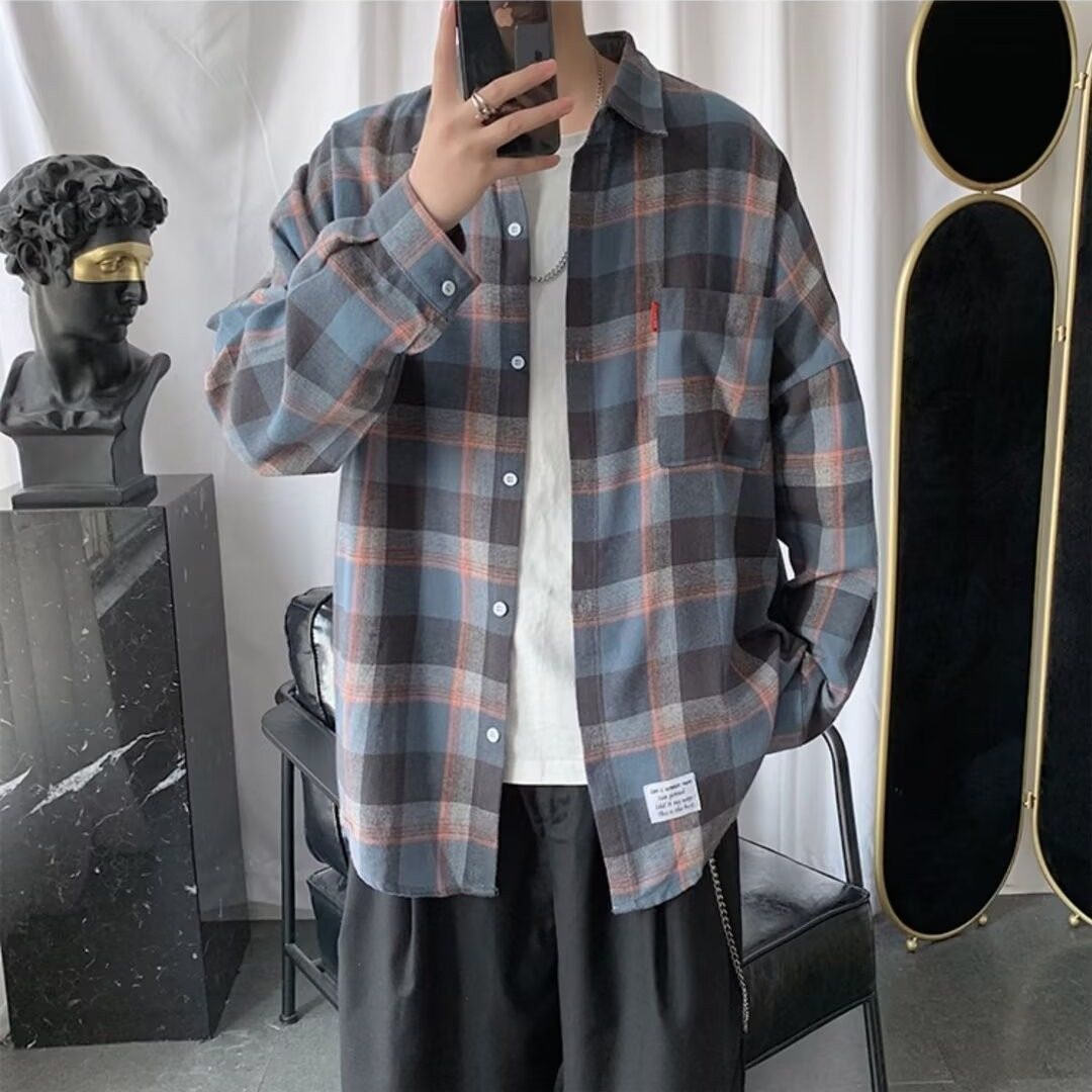 春夏季潮流格子衬衫男痞帅网格休闲上衣宽松长袖百搭外套男士衬衣,淘宝优惠券,粉丝福利购,淘宝优惠卷