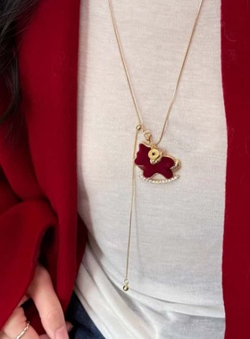 马上好运圣诞红色丝绒小马项链女