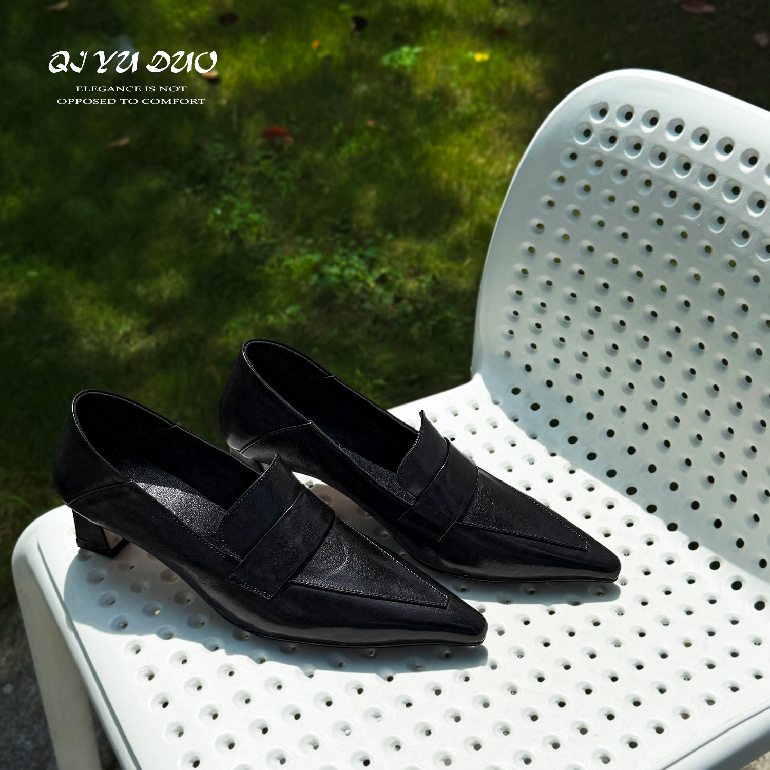 【七与多】牛皮/5cm/气质尖头粗跟真皮乐福鞋小皮鞋复古深口单鞋,淘宝优惠券,粉丝福利购,淘宝优惠卷