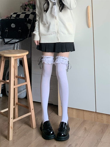 AY To films 秋冬加厚蕾丝边高筒袜日系JK少女花边过膝棉质长筒袜 - 图0