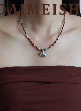 原创复古滴油小象虎眼石松石珍珠项链配饰女轻奢小众高级感锁骨链