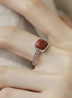 925银复古新中式南红方糖镂空方形戒指环蕾丝开口调节简约高级感