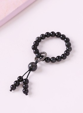 天然黑曜石小手捻文玩迷你手持极细手捻珠925银环念珠戒指女款