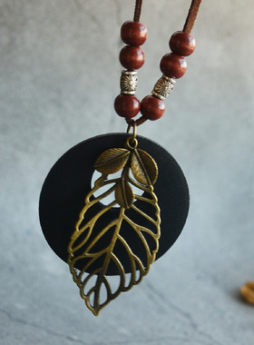 棉麻女装配饰品新款复古民族风木质大小树叶木珠长项链 毛衣链